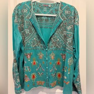 Johnny Was Turquoise Embroidered Blouse